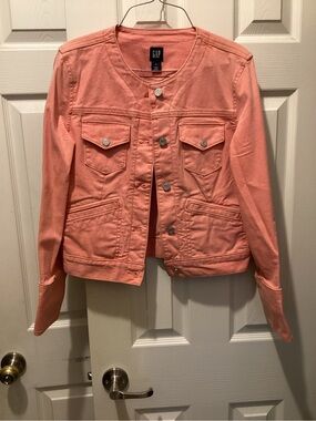 GAP Coral Pink Collarless Button-Front Jean Jacket